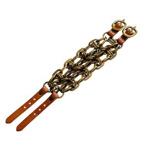 Bracelet Brass Leather Chunky Multi Strand MOD Chain Buckle Steampunk Pirate
